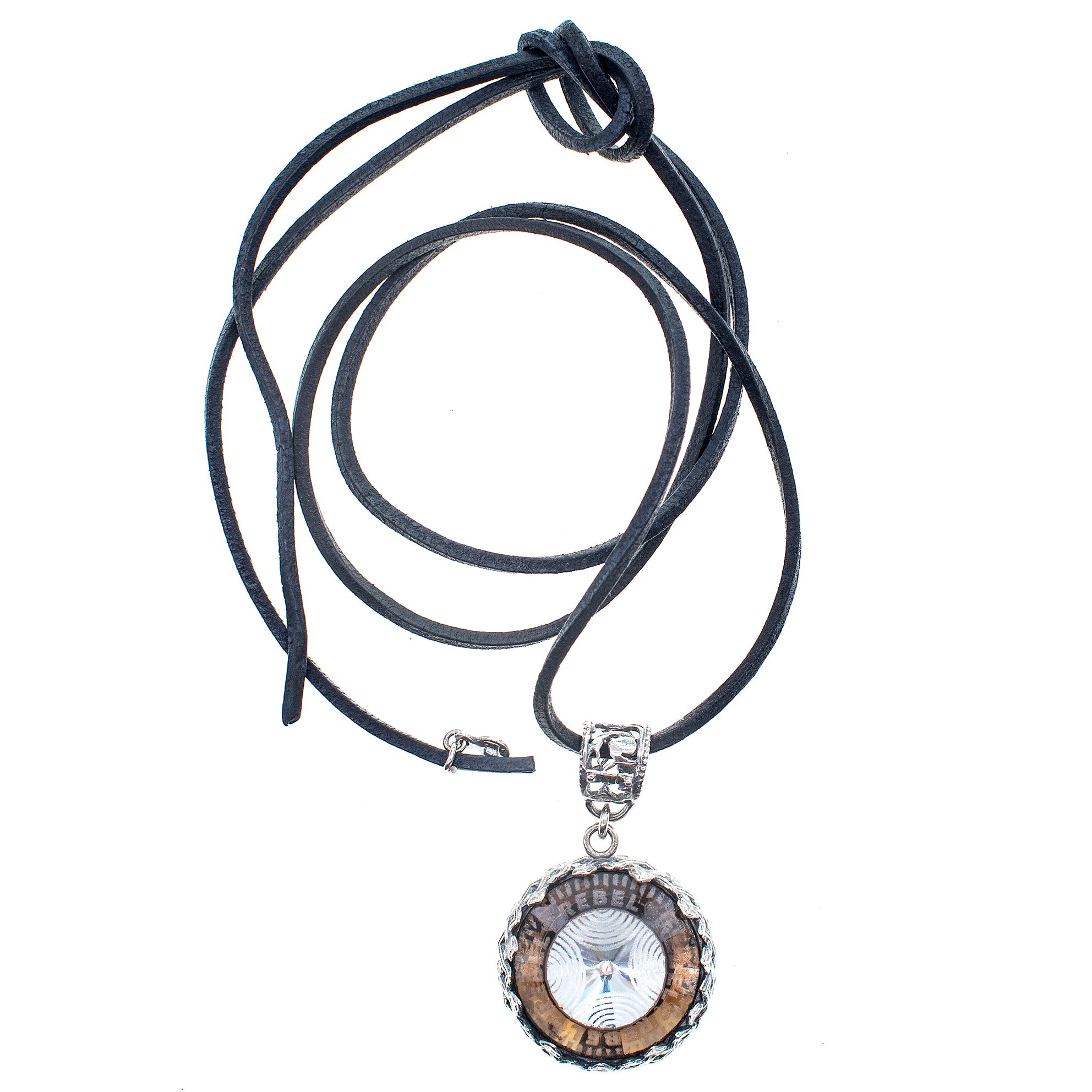 Rebel Rebel Brown Engraved Glass Crystal Necklace – Sterling Silver – Gem Kingdom