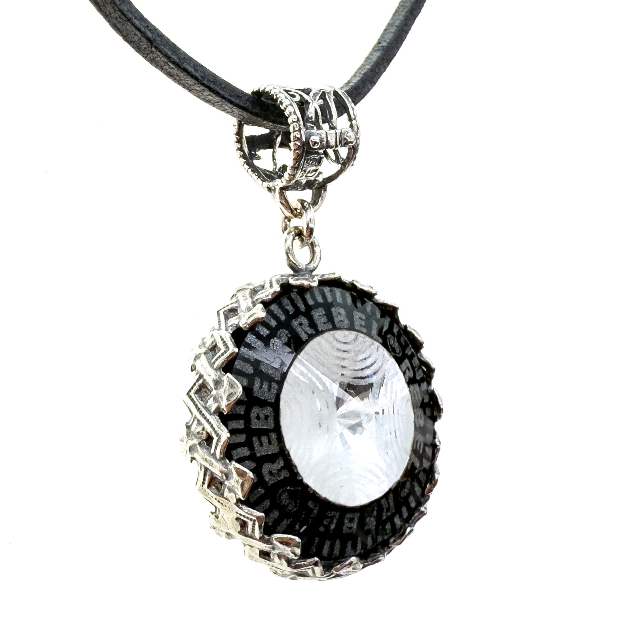 Rebel Rebel Black Engraved Glass Crystal Necklace – Sterling Silver – Gem Kingdom