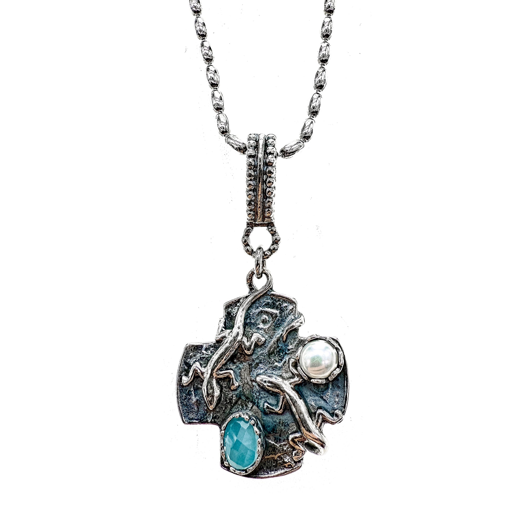 Aqua Lizard Cross Necklace – Sterling Silver – Gem Kingdom