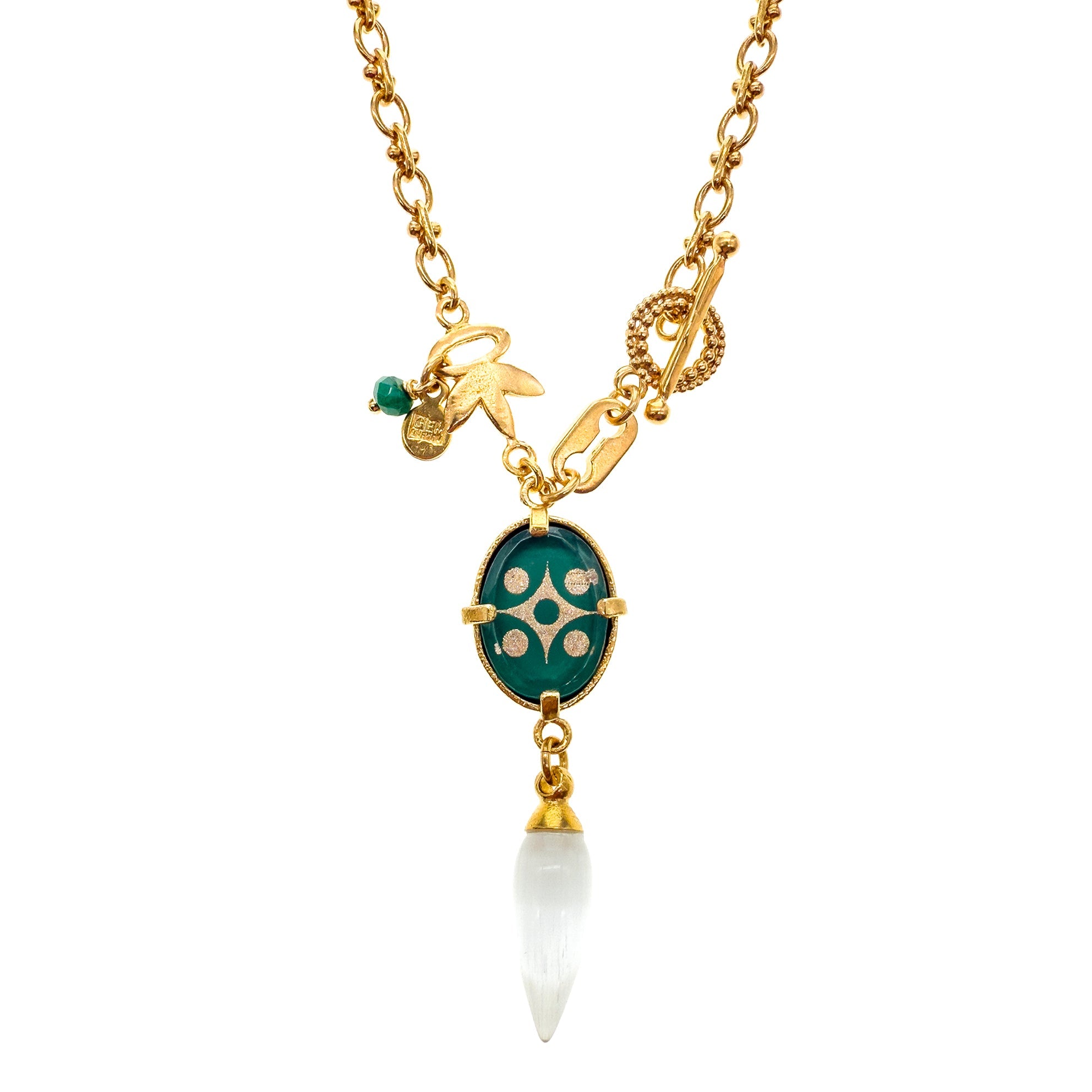 Green Intaglio Pendant Textured Link Necklace – Gold Plated – Gem Kingdom