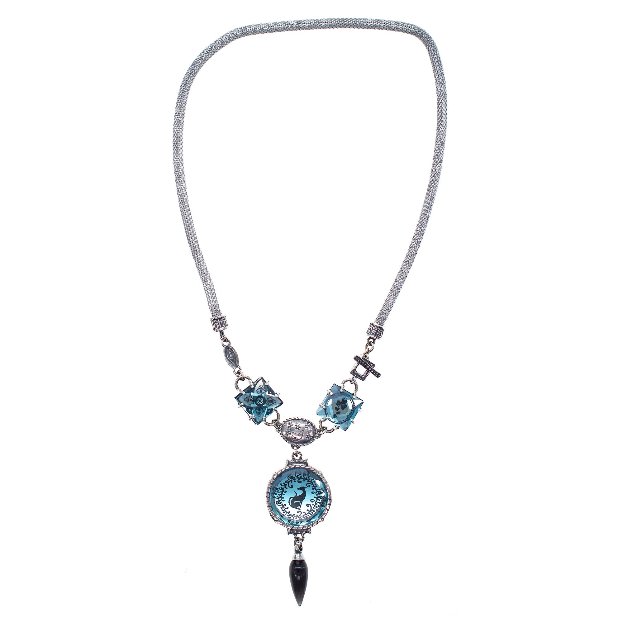 Blue Intaglio Glass Mesh Chain Necklace – Sterling Silver – Gem Kingdom