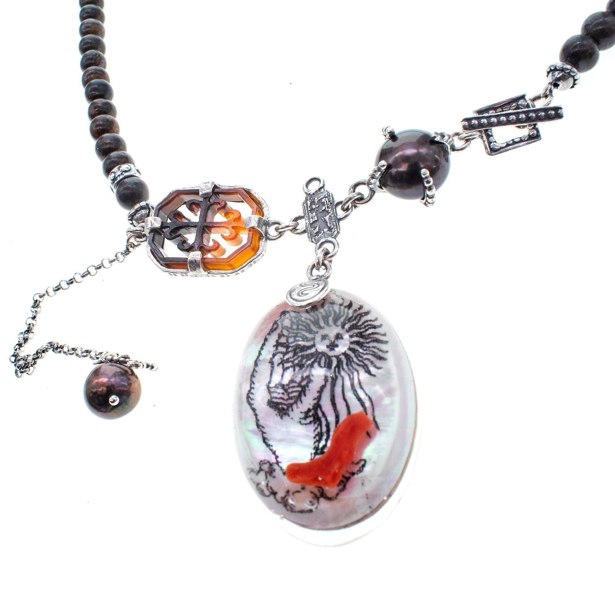 Bronzite & Coral Resin Necklace – Sterling Silver – Gem Kingdom