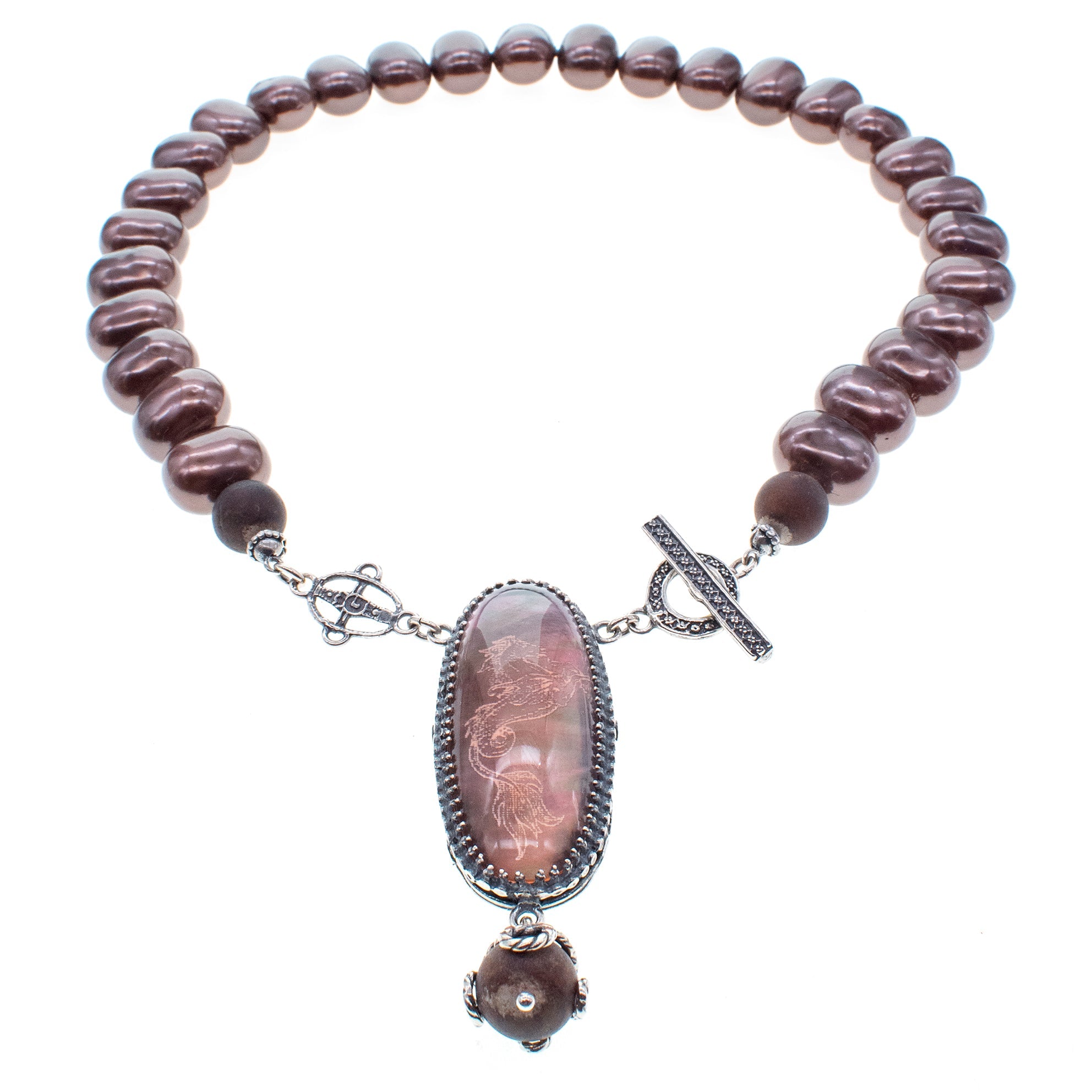 Brown Shell Pearl & Pink Bohemian Crystal Necklace – Sterling Silver – Gem Kingdom