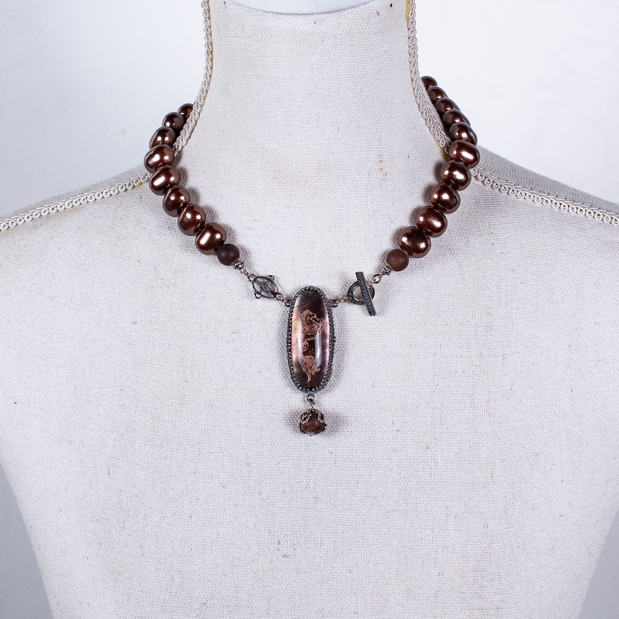 Brown Shell Pearl & Pink Bohemian Crystal Necklace – Sterling Silver – Gem Kingdom