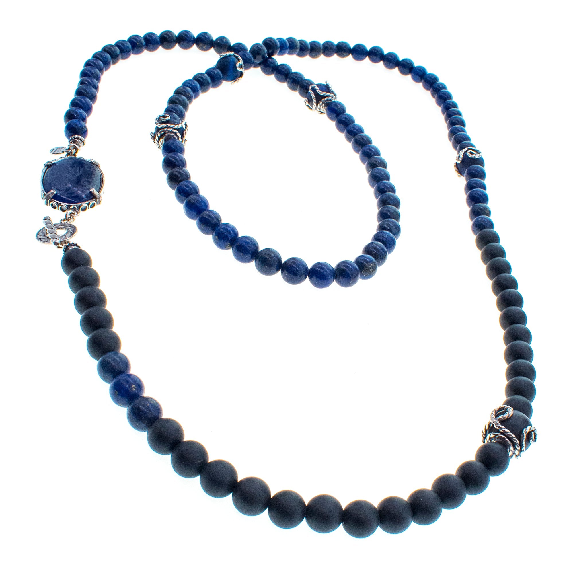 Blue Lapis & Matte Black Onyx Long Necklace – Sterling Silver – Gem Kingdom