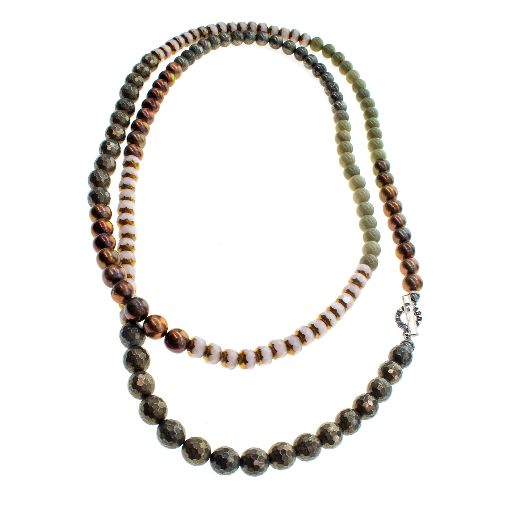 Matcha Agate & Pyrite Extra Long Necklace – Sterling Silver – Gem Kingdom