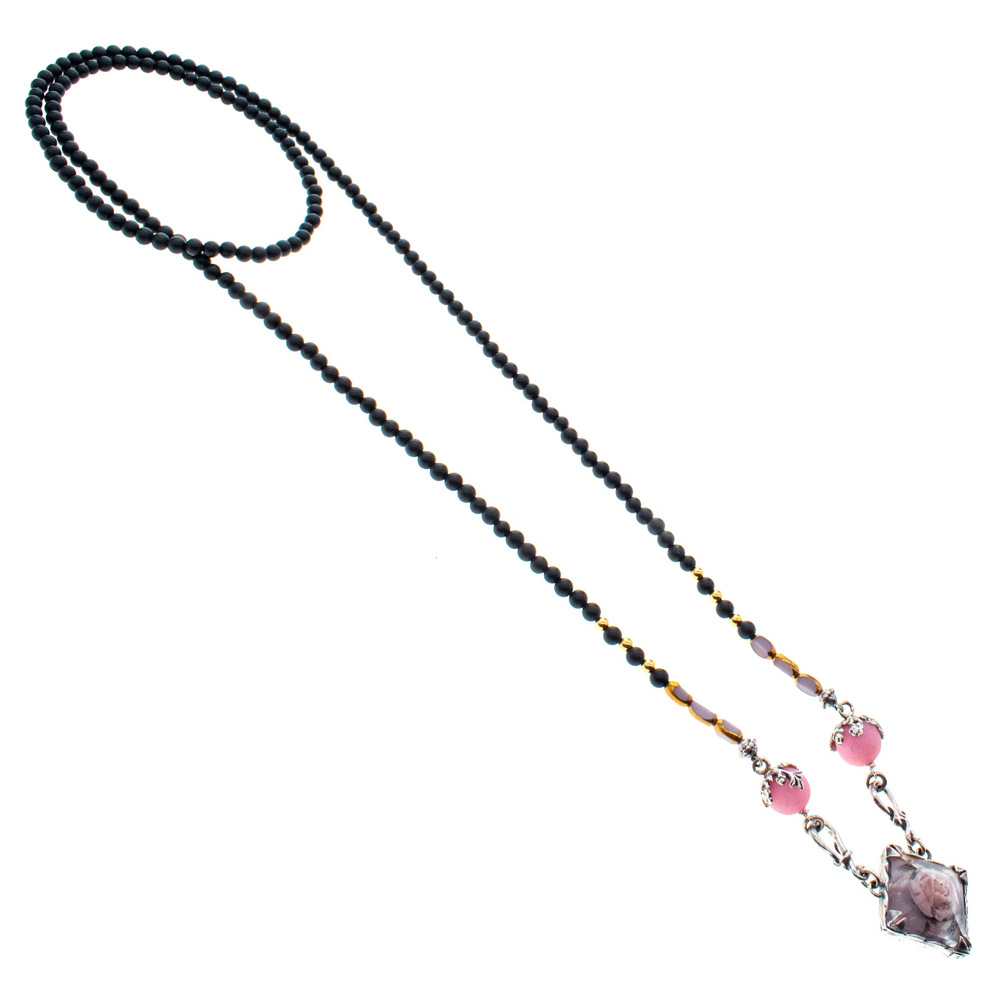 Black Matte Onyx And Pink Rose Resin Necklace – Sterling Silver – Gem Kingdom