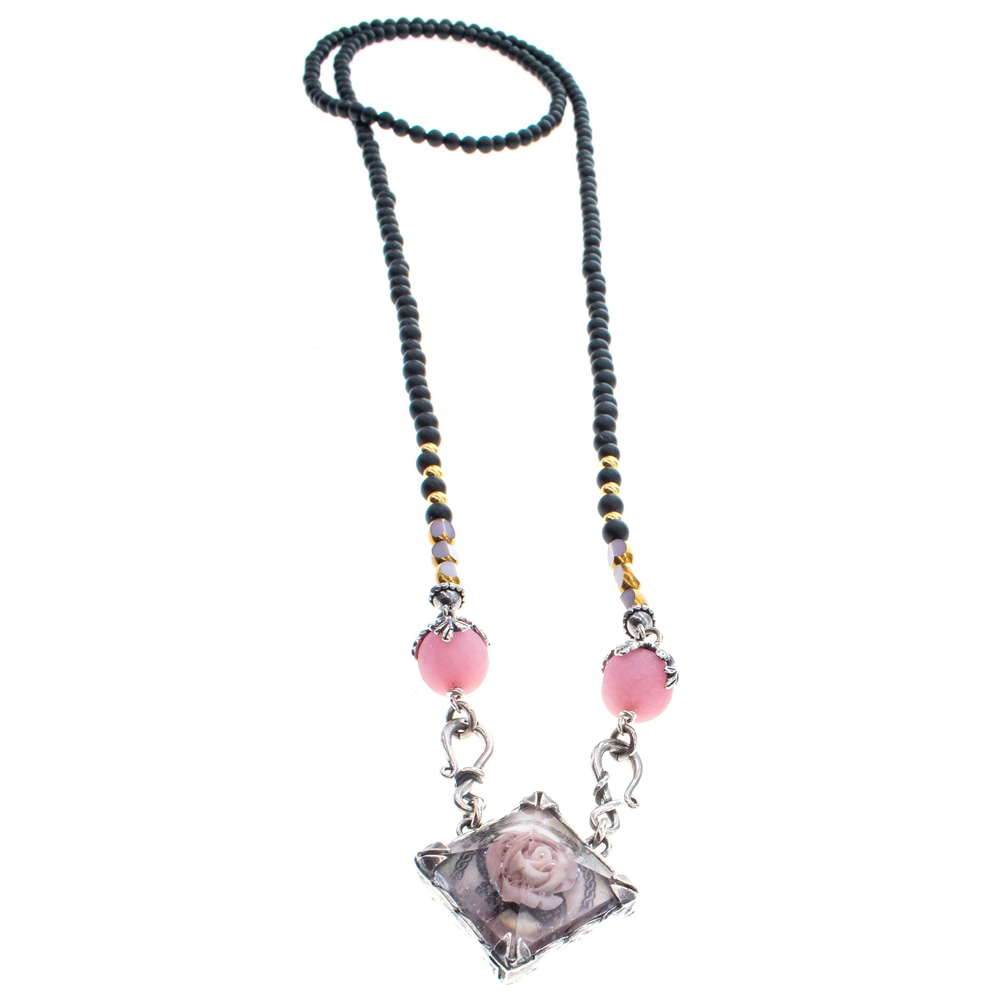 Black Matte Onyx And Pink Rose Resin Necklace – Sterling Silver – Gem Kingdom