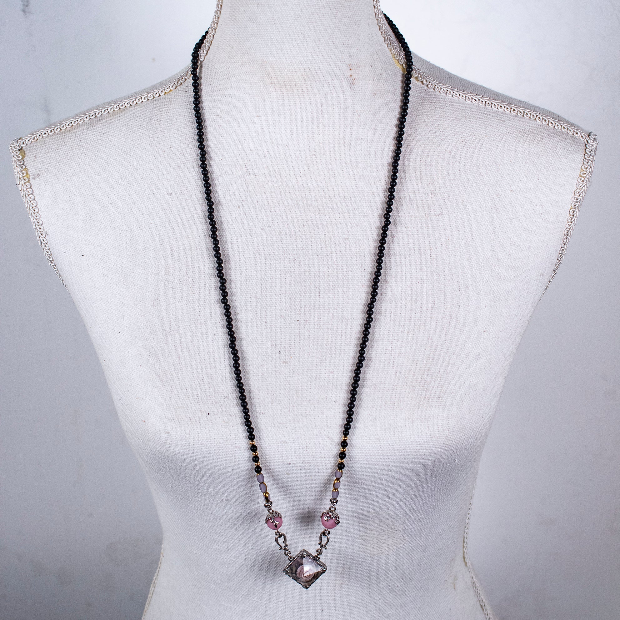 Black Matte Onyx And Pink Rose Resin Necklace – Sterling Silver – Gem Kingdom