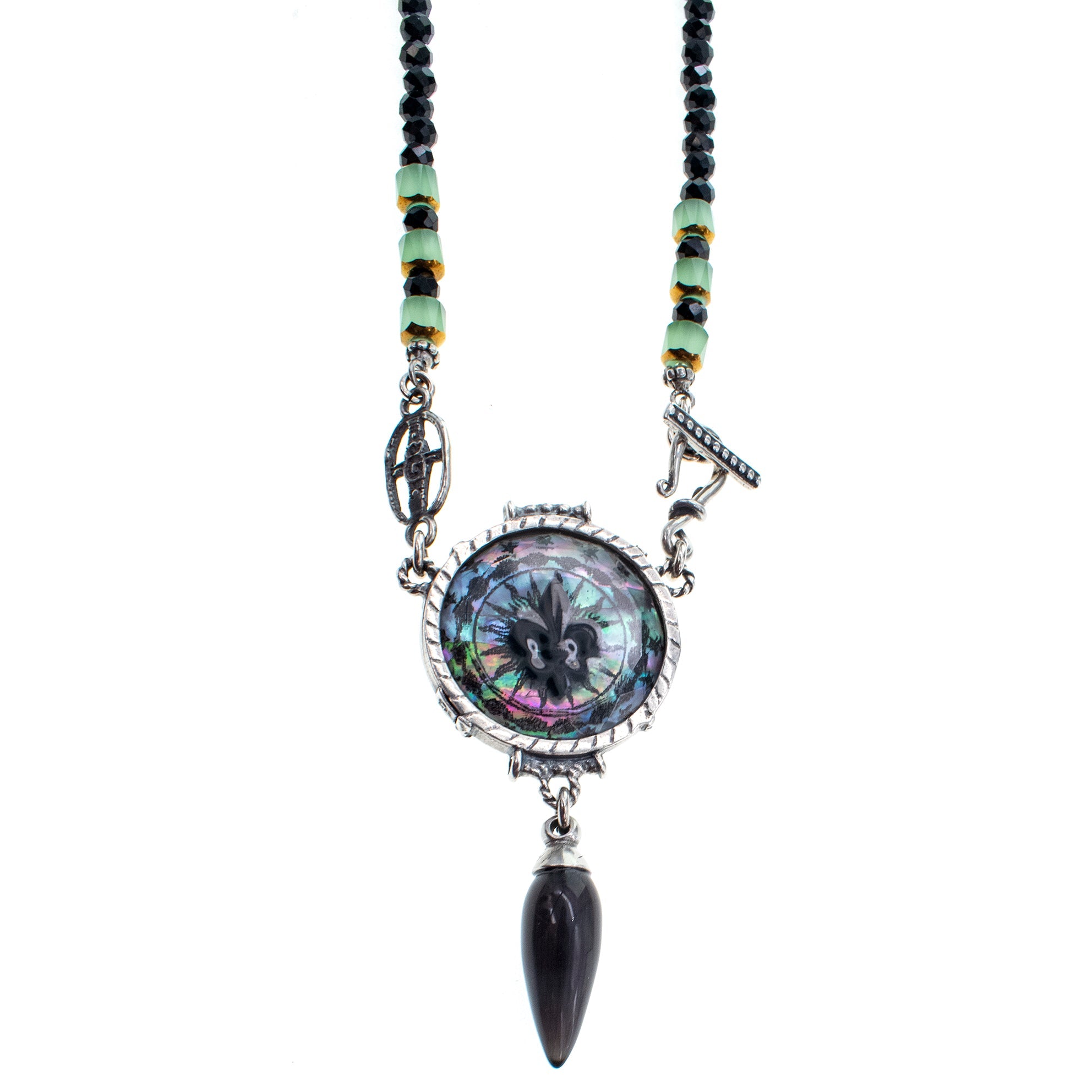 Fleur-De-Lis Resin And Black Spinel Long Necklace – Sterling Silver – Gem Kingdom