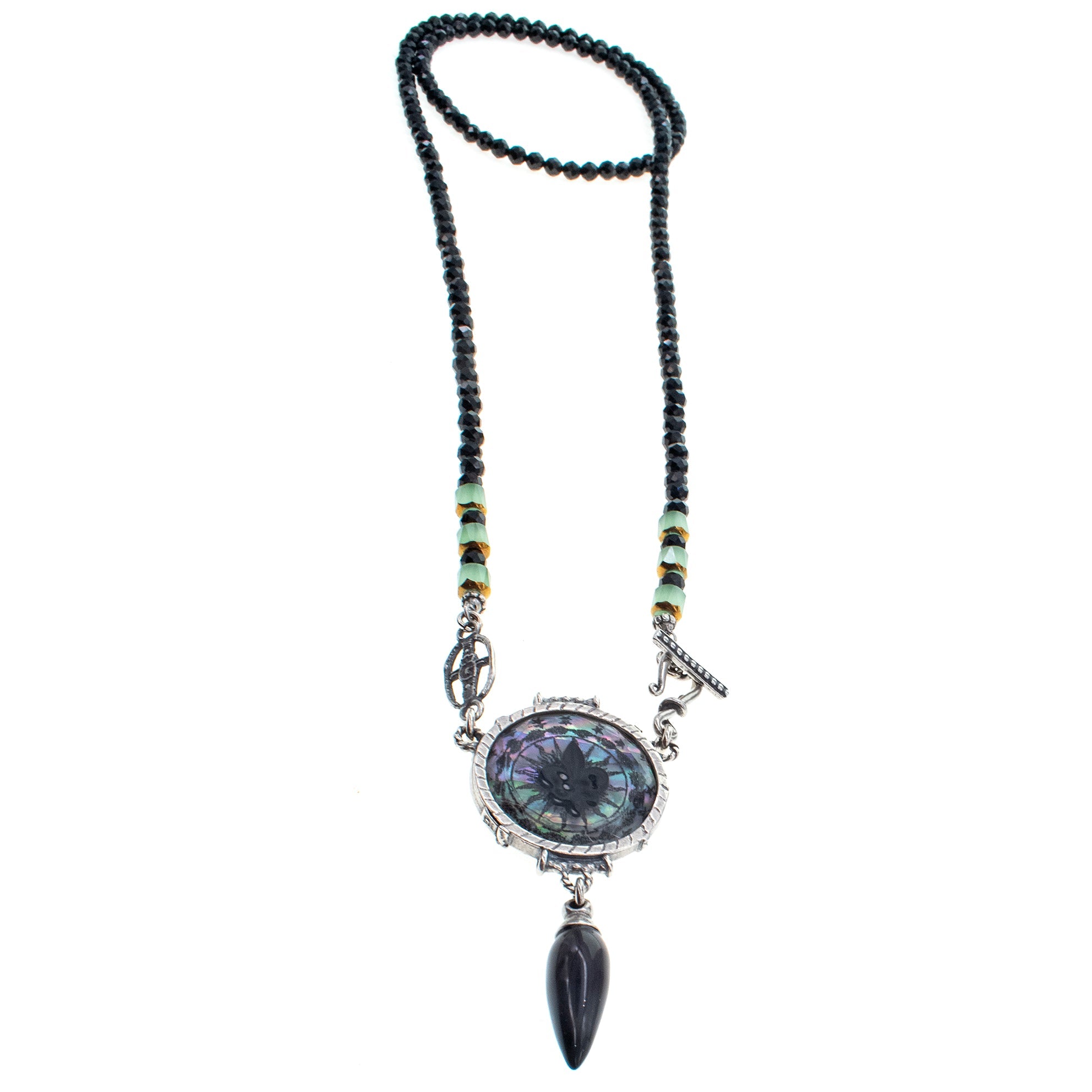 Fleur-De-Lis Resin And Black Spinel Long Necklace – Sterling Silver – Gem Kingdom