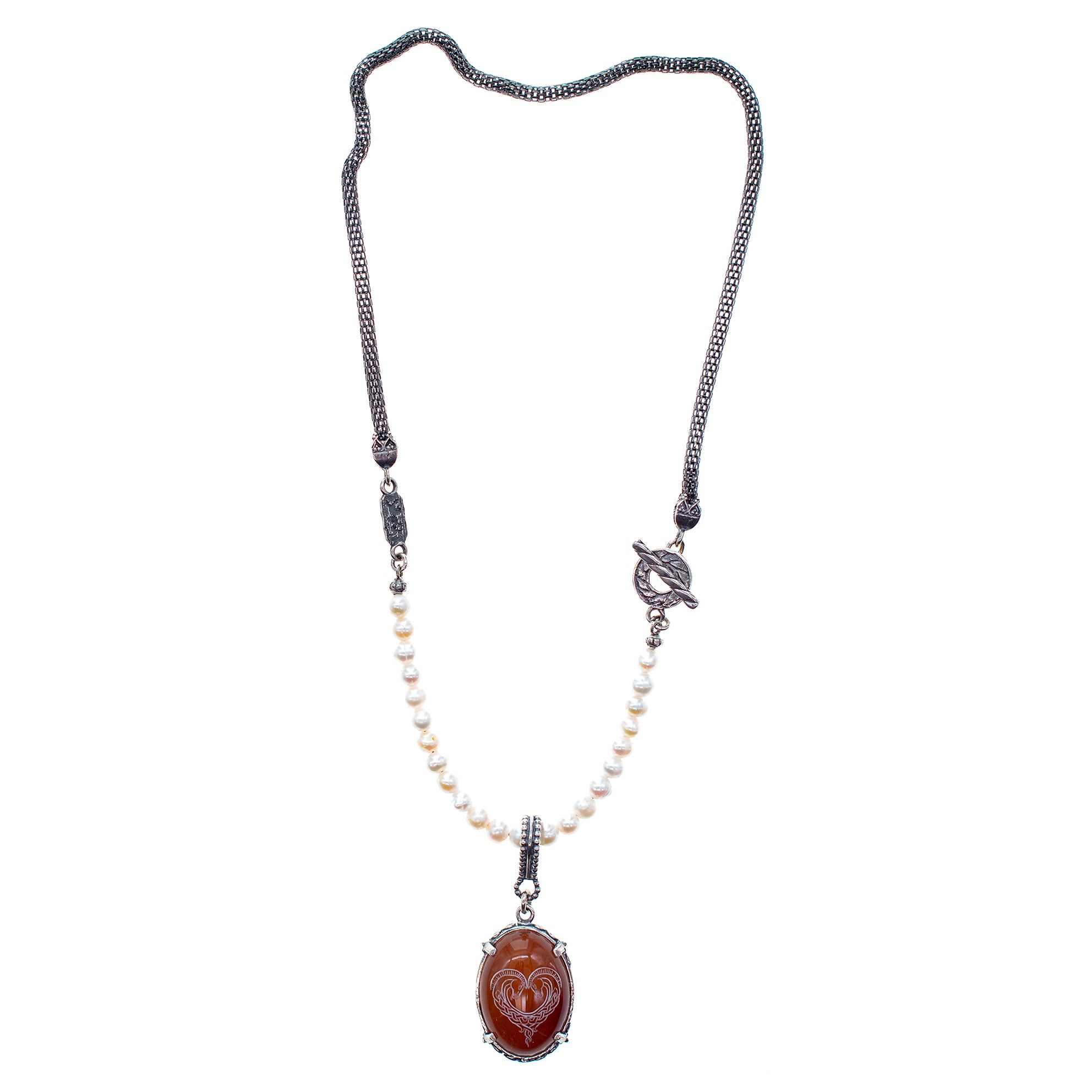 Engraved Carnelian & Pearl Mesh Necklace – Sterling Silver – Gem Kingdom
