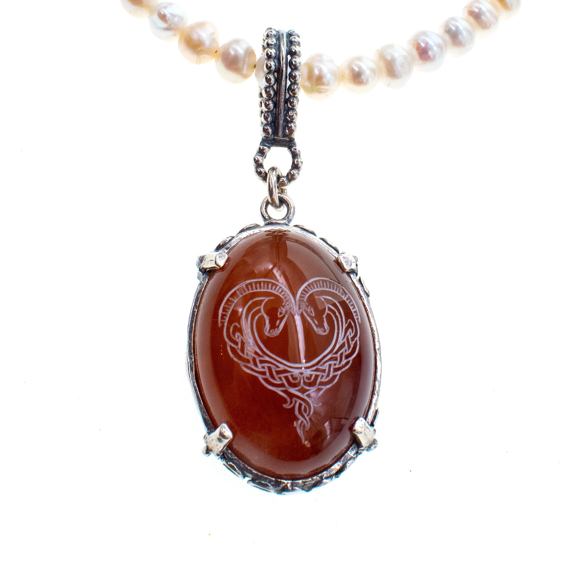 Engraved Carnelian & Pearl Mesh Necklace – Sterling Silver – Gem Kingdom
