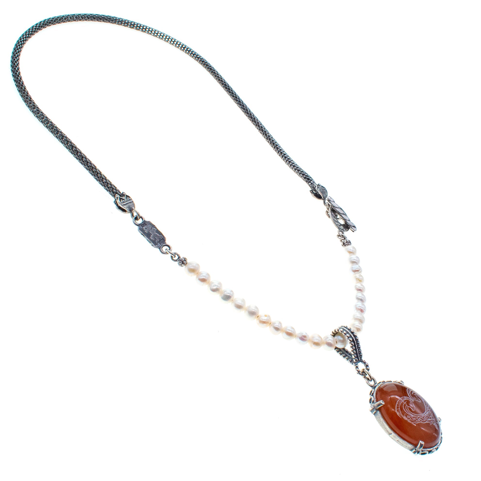 Engraved Carnelian & Pearl Mesh Necklace – Sterling Silver – Gem Kingdom