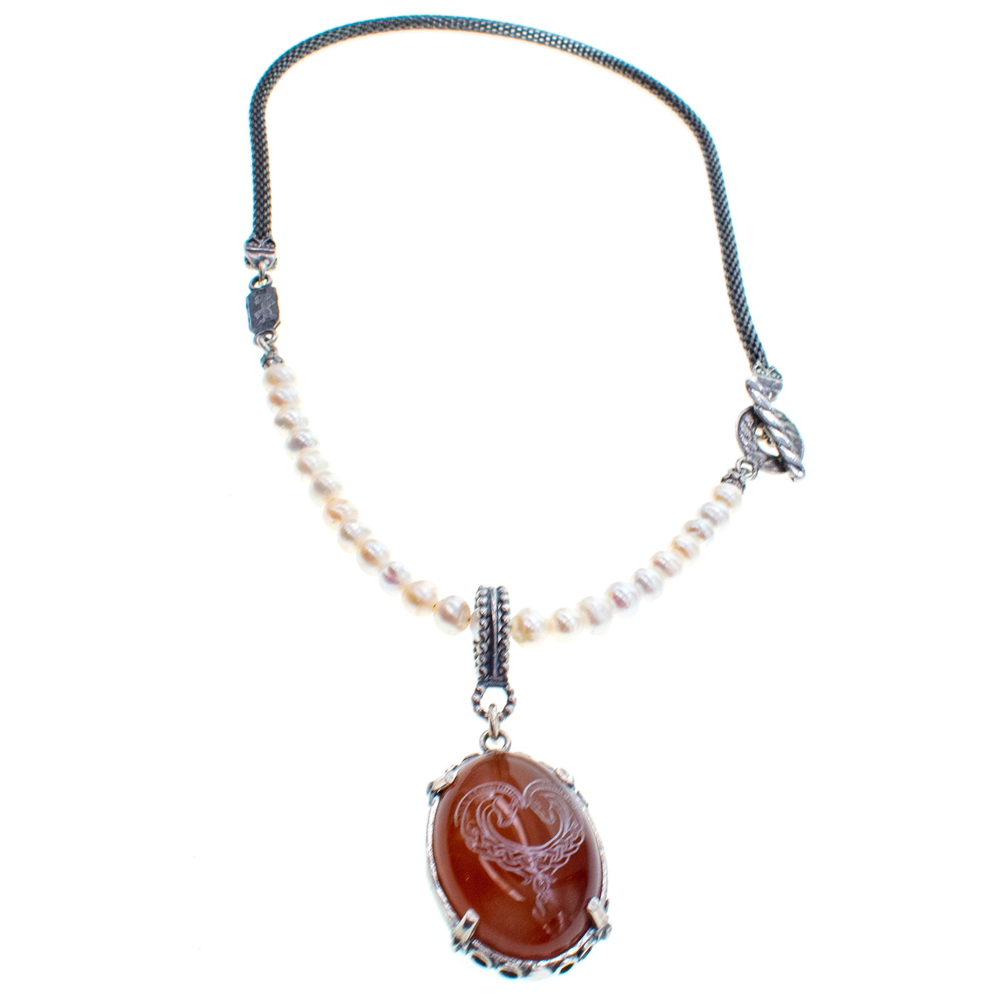 Engraved Carnelian & Pearl Mesh Necklace – Sterling Silver – Gem Kingdom