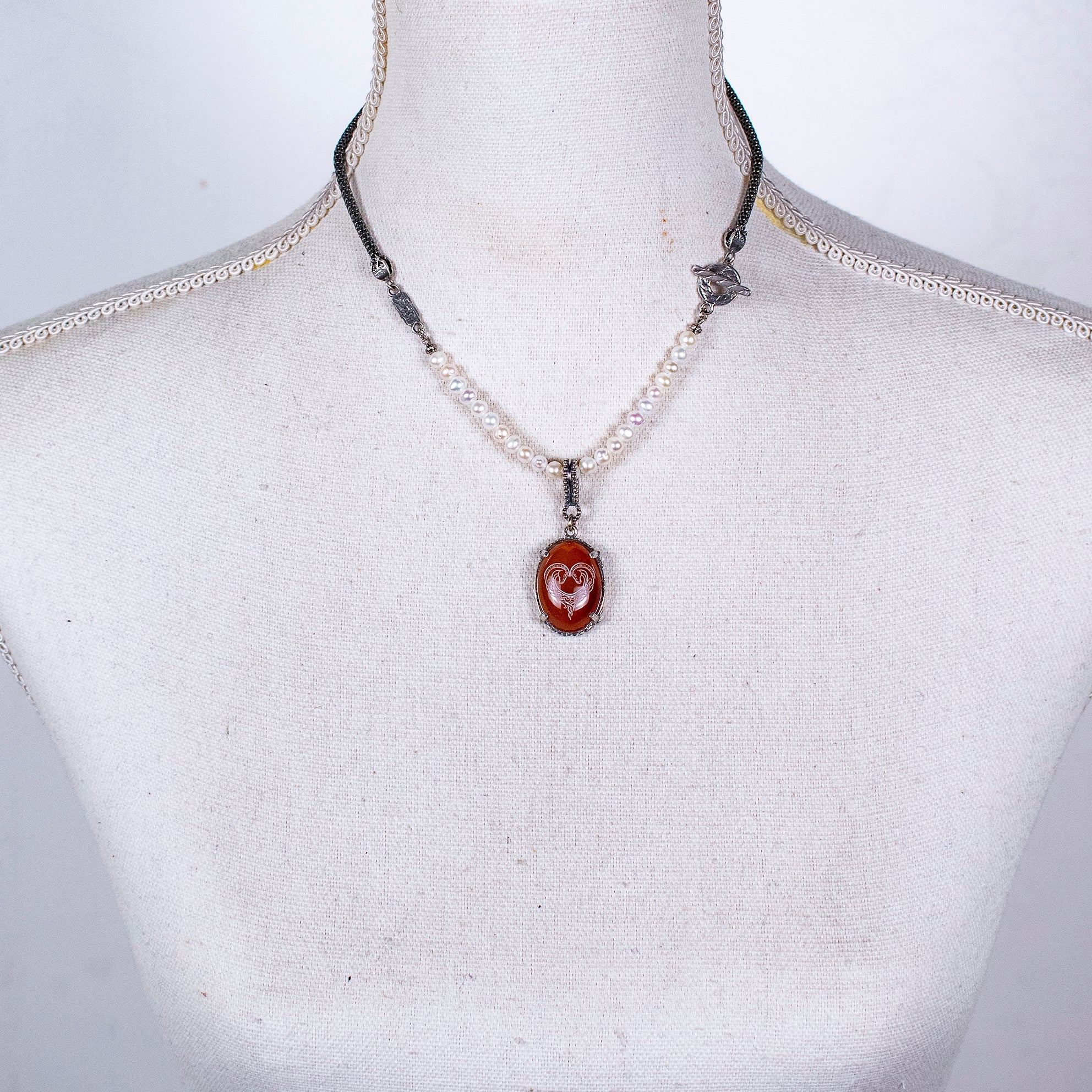 Engraved Carnelian & Pearl Mesh Necklace – Sterling Silver – Gem Kingdom