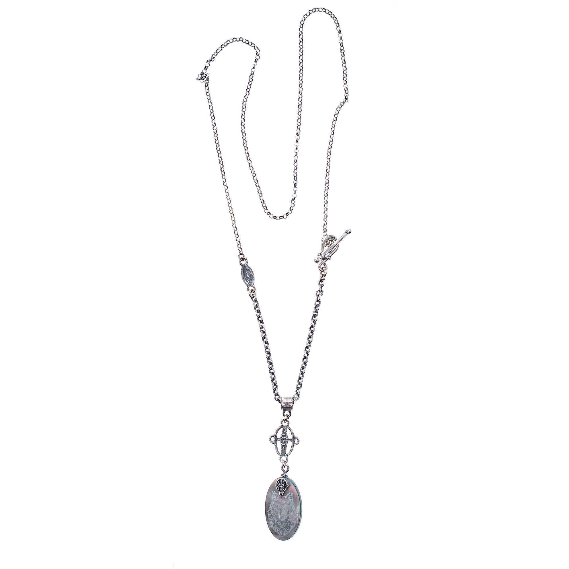 Engraved Mother Of Pearl Wolf Necklace – Sterling Silver – Gem Kingdom