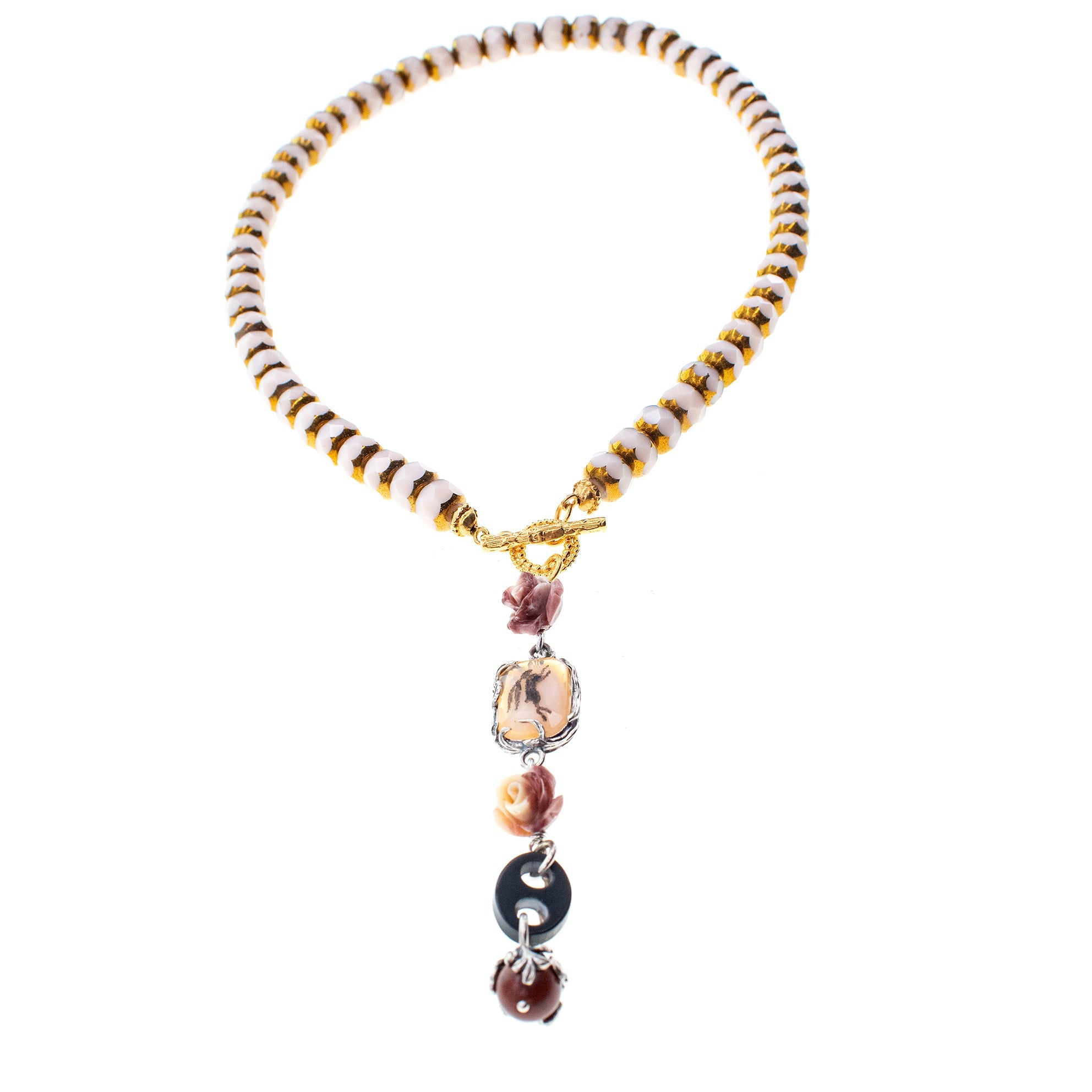 Vintage Glass Bead Pink Lariat Necklace – Sterling Silver & Gold Plated – Gem Kingdom