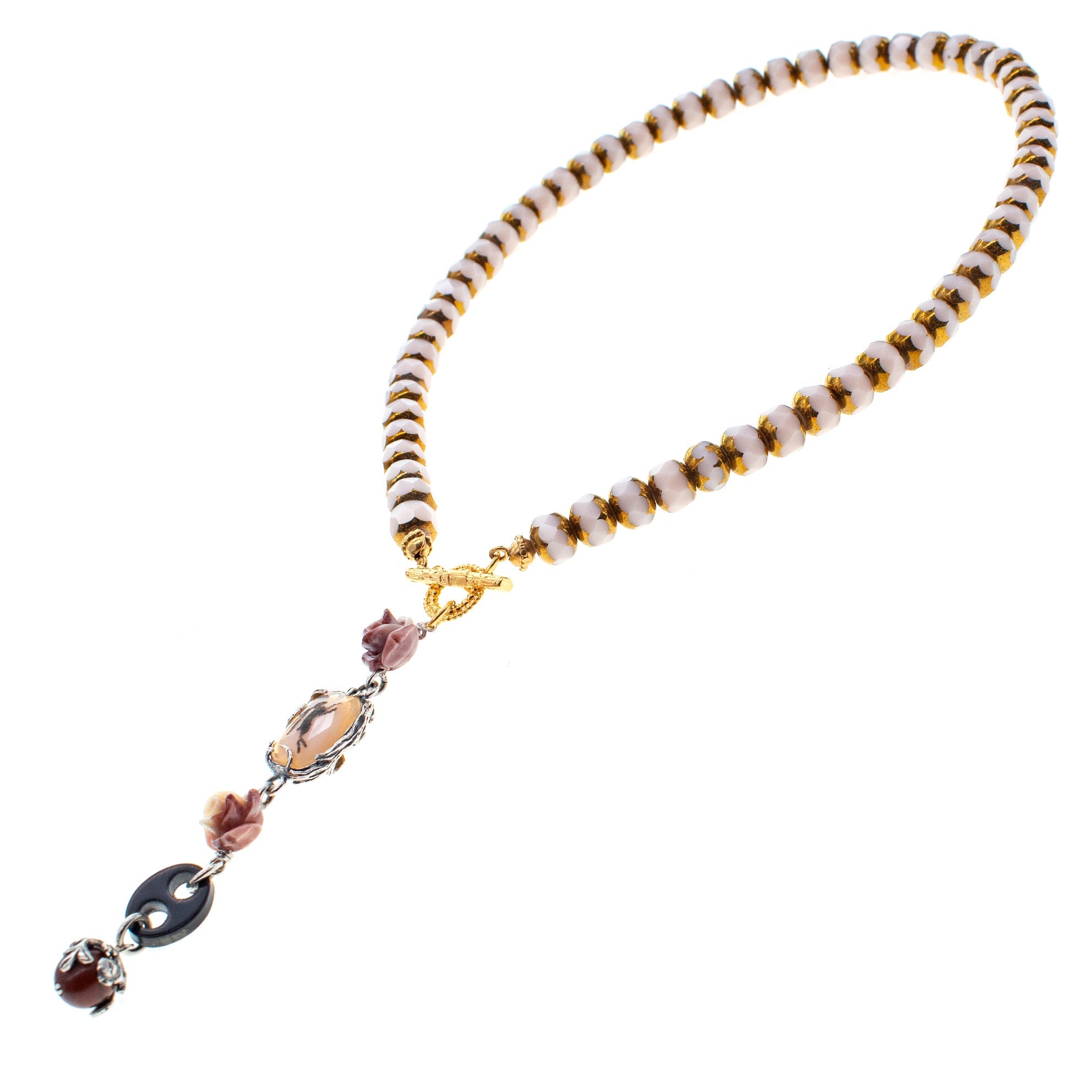 Vintage Glass Bead Pink Lariat Necklace – Sterling Silver & Gold Plated – Gem Kingdom