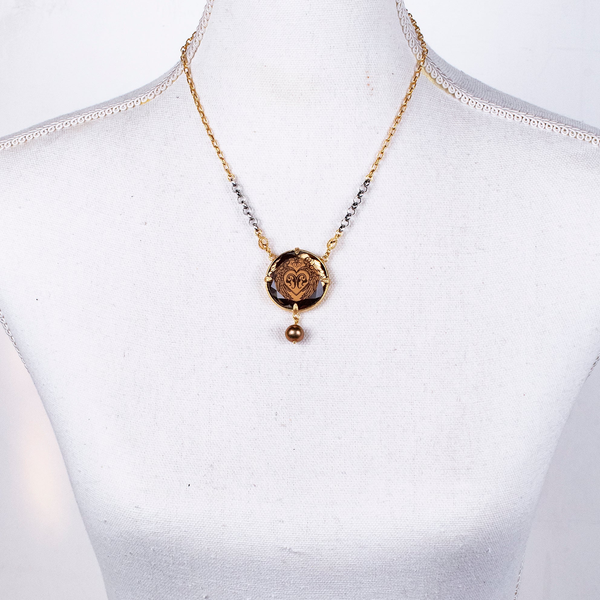 Brown Vintage Glass Heart Necklace – Gold Plated – Gem Kingdom