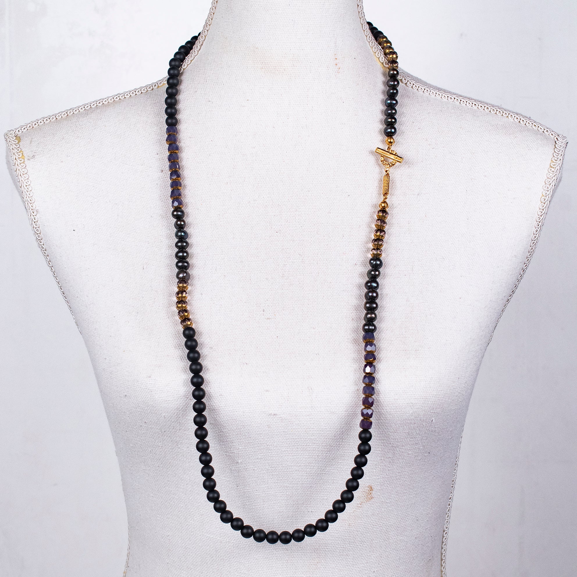 Black And Purple Multi-Bead Long Necklace – Gold Plated – Gem Kingdom
