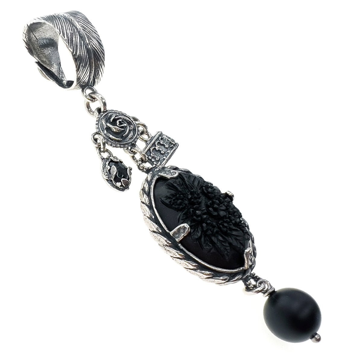 Black Flower Cameo Pendant – Sterling Silver – Gem Kingdom