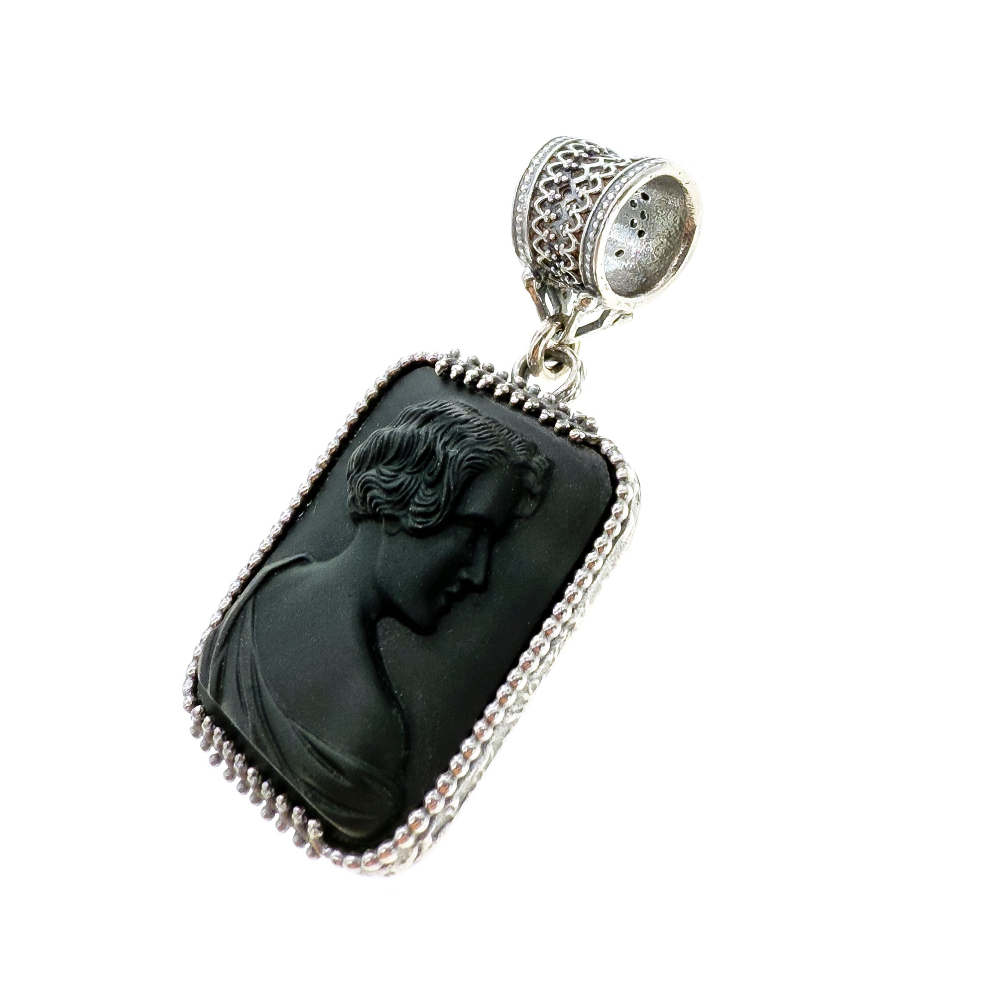 Black Vintage Glass Cameo Pendant – Sterling Silver – Gem Kingdom