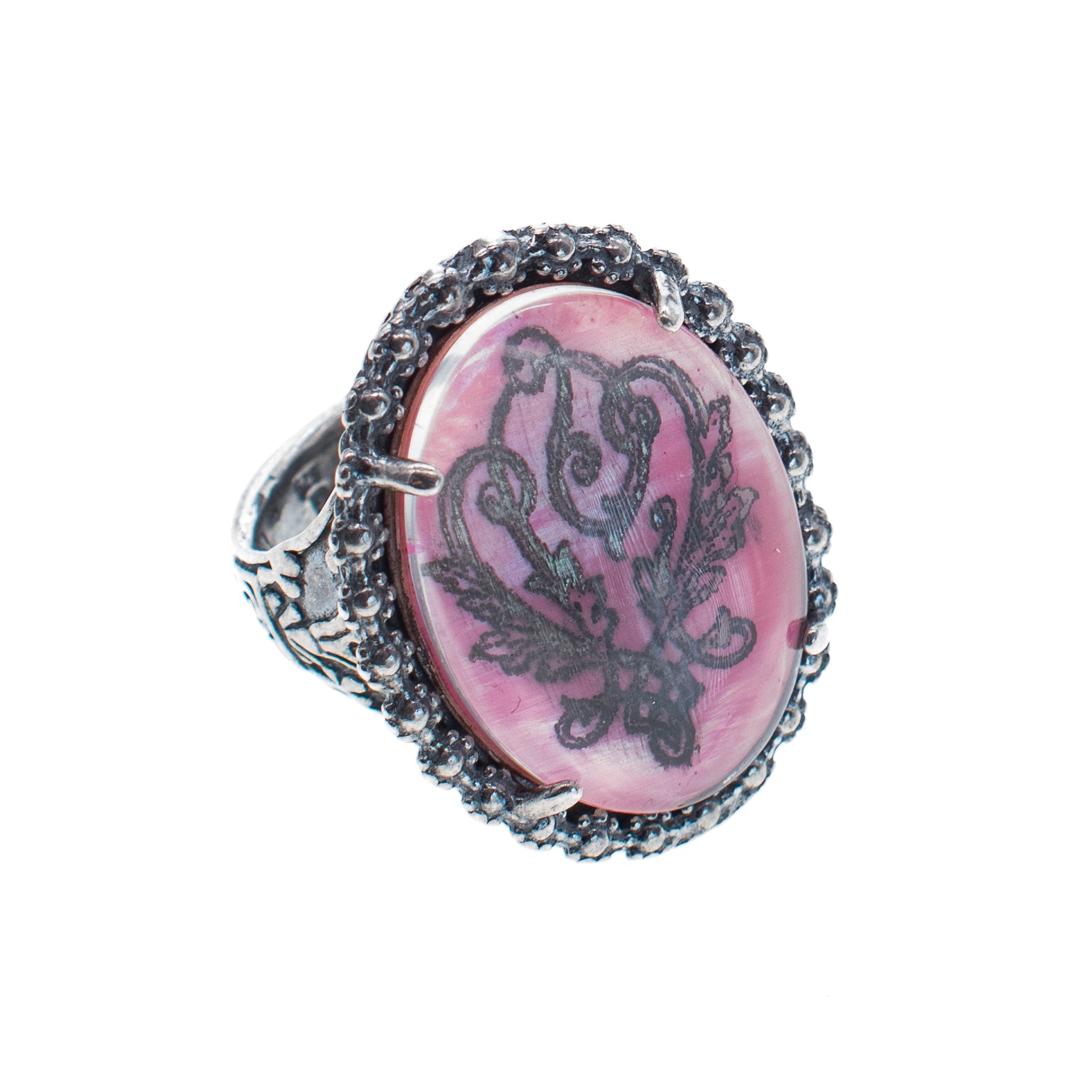 Pink Engraved Mother-Of-Pearl Ring – Sterling Silver – Gem Kingdom