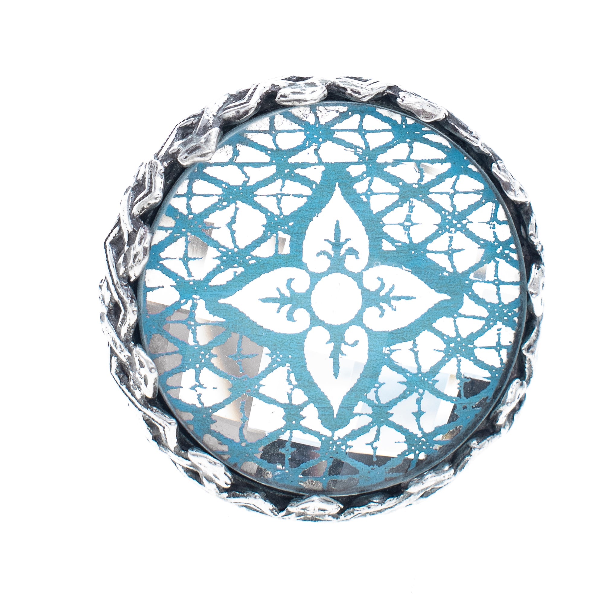 Blue Engraved Mirrored Glass Stone Ring – Sterling Silver – Gem Kingdom