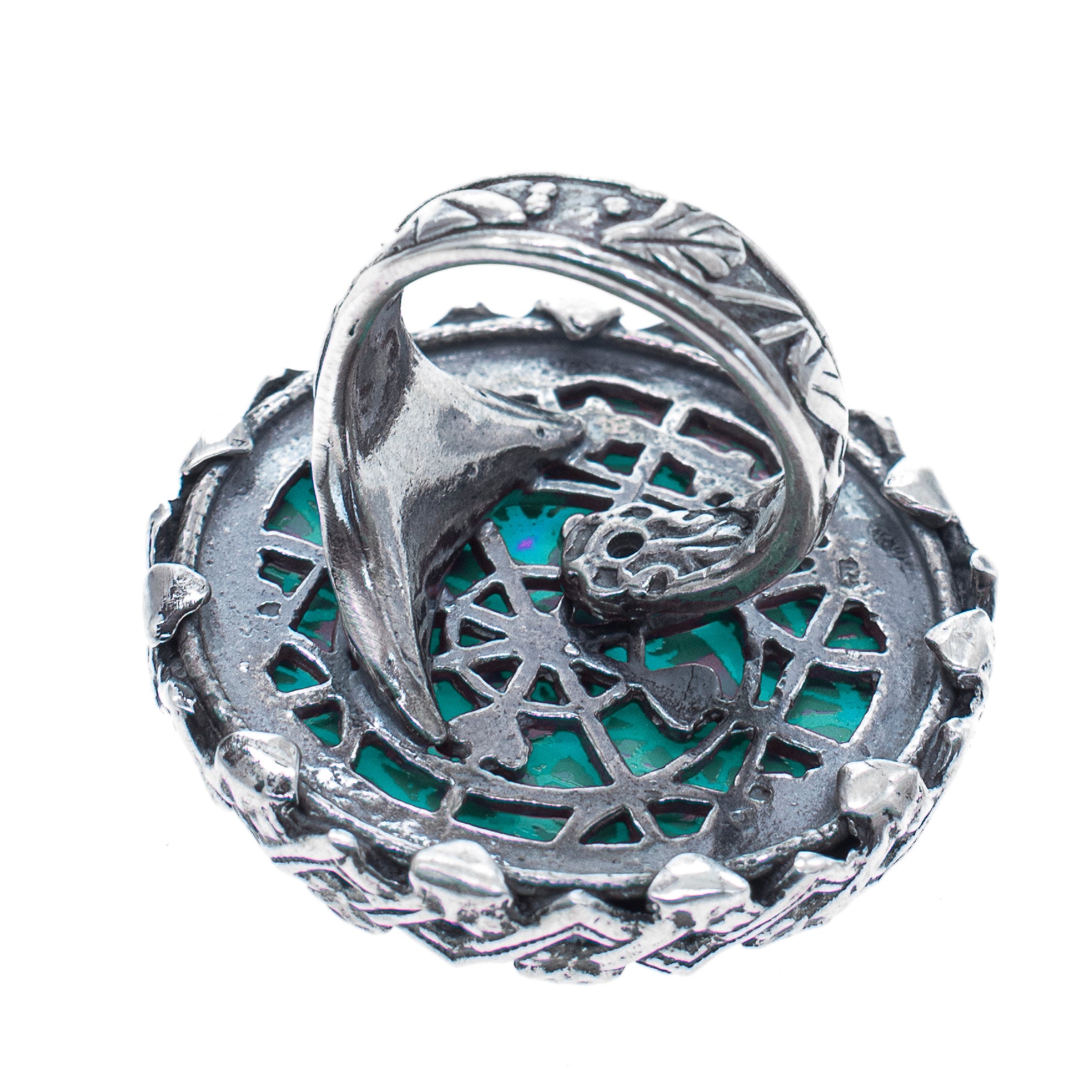 Blue Engraved Mirrored Glass Stone Ring – Sterling Silver – Gem Kingdom