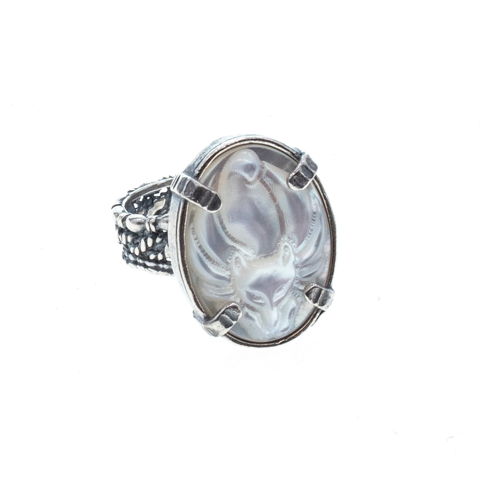 White Mother Of Pearl Fox Cameo Ring – Sterling Silver – Gem Kingdom