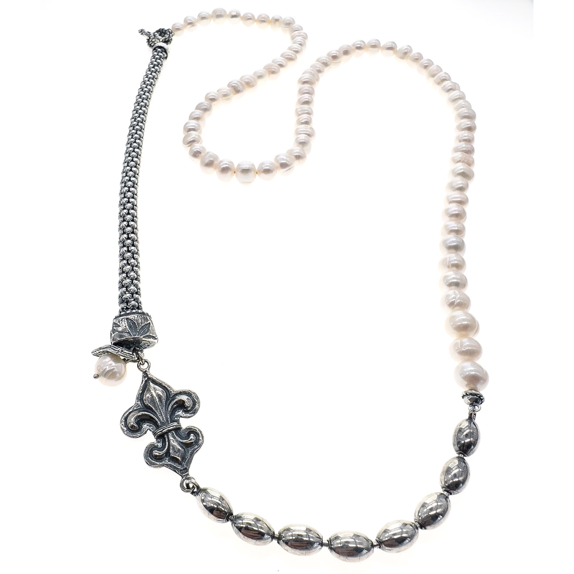 Fleur De Lis White Pearl Necklace – Sterling Silver – Gem Kingdom