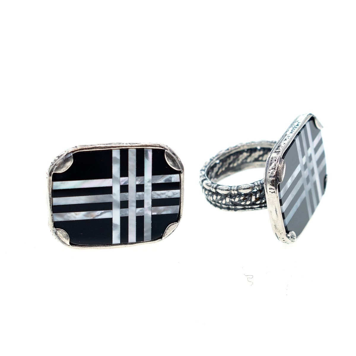 Ruitmotief Ring Zwart-Wit – Sterling Zilver – Gem Kingdom