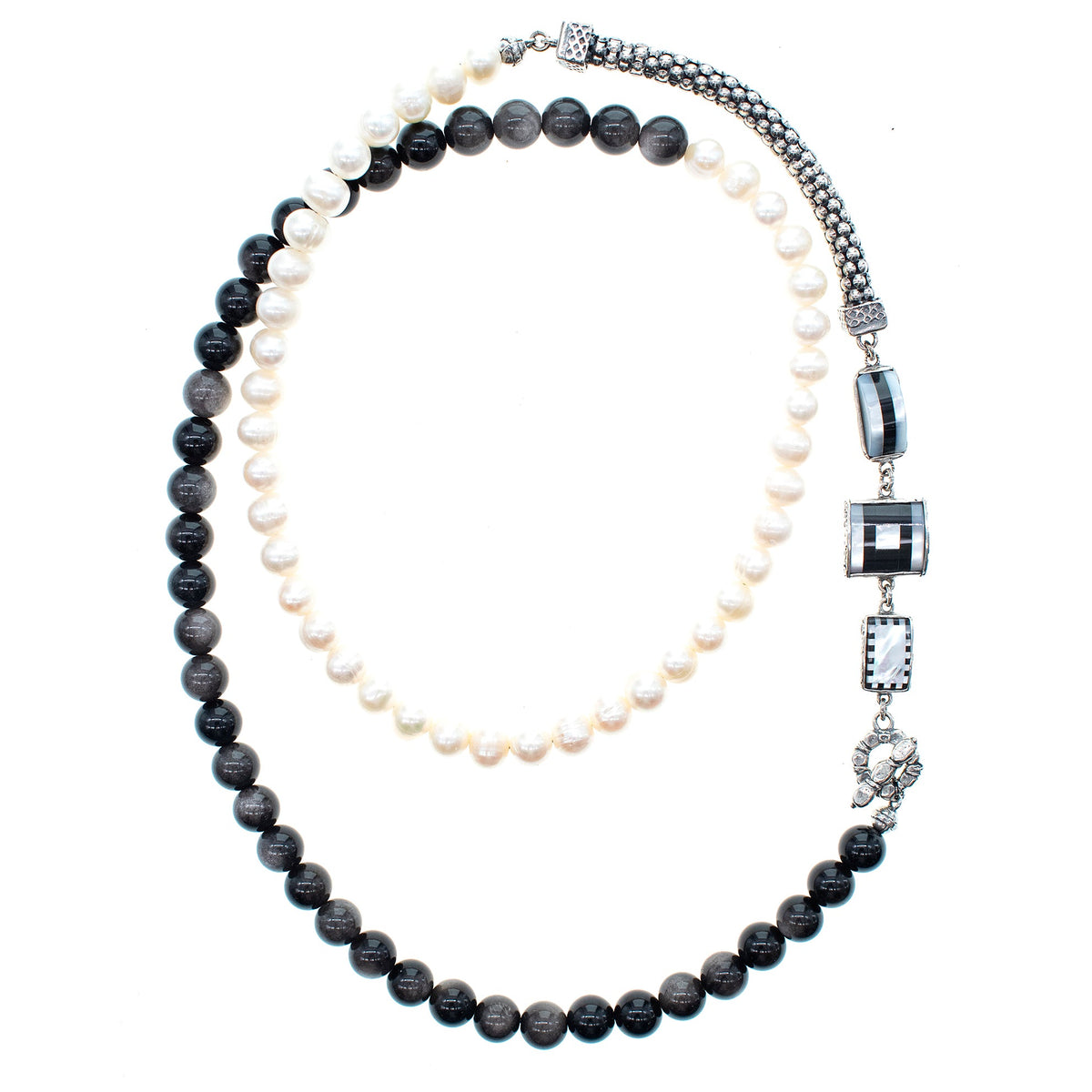 Zwart-Witte Lange Parelketting – Sterling Zilver – Gem Kingdom