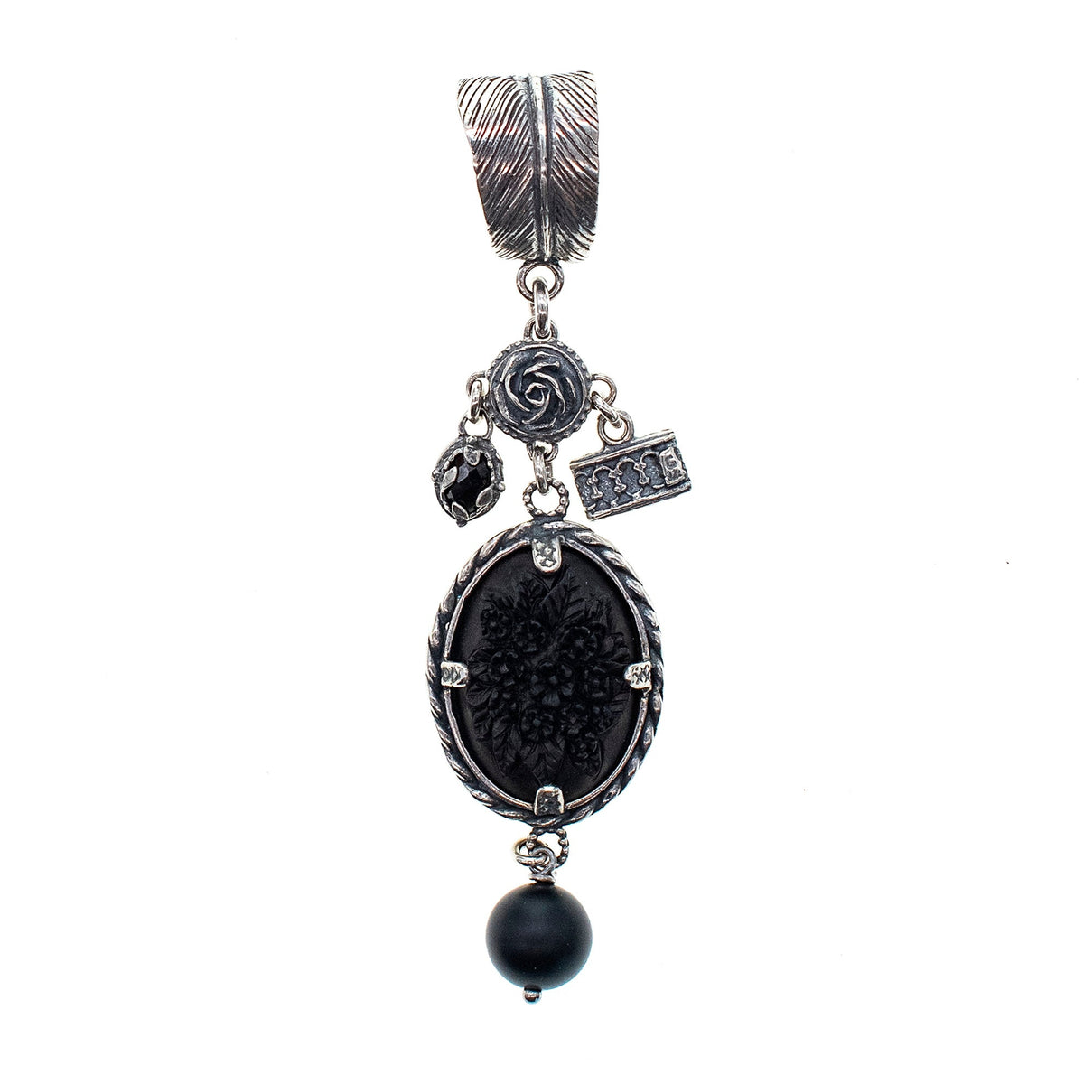 Black Flower Cameo Pendant – Sterling Silver – Gem Kingdom