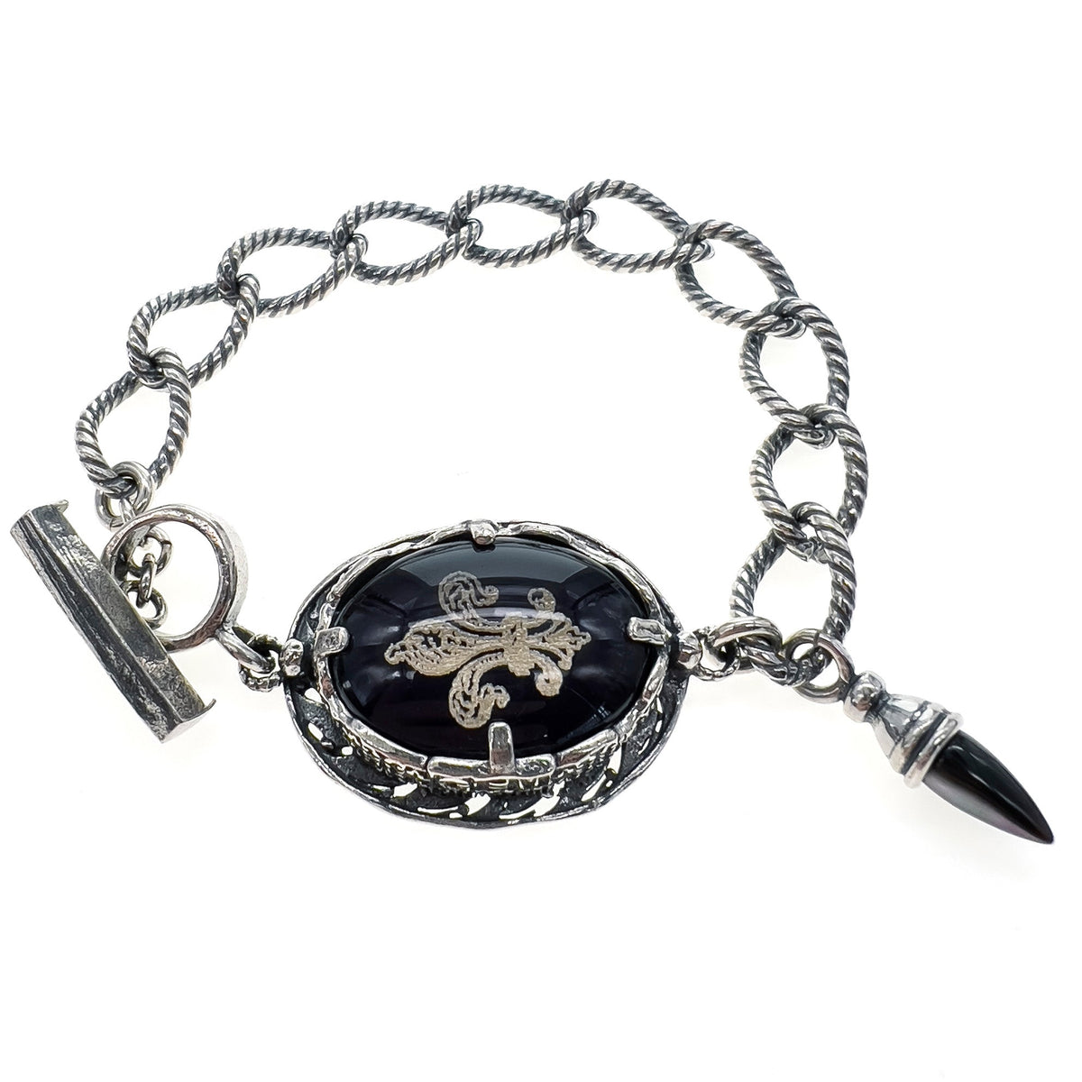 Fleur-De-Lis Intaglio Armband Zwart – Sterling Zilver – Gem Kingdom