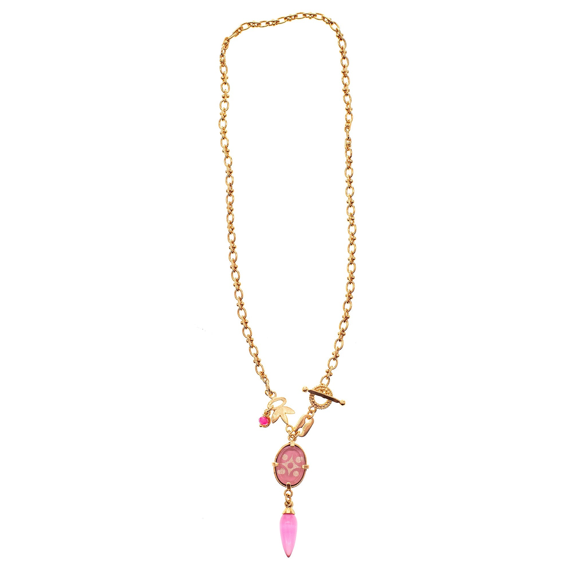 Pink Intaglio Pendant Textured Link Necklace – Gold Plated – Gem Kingdom