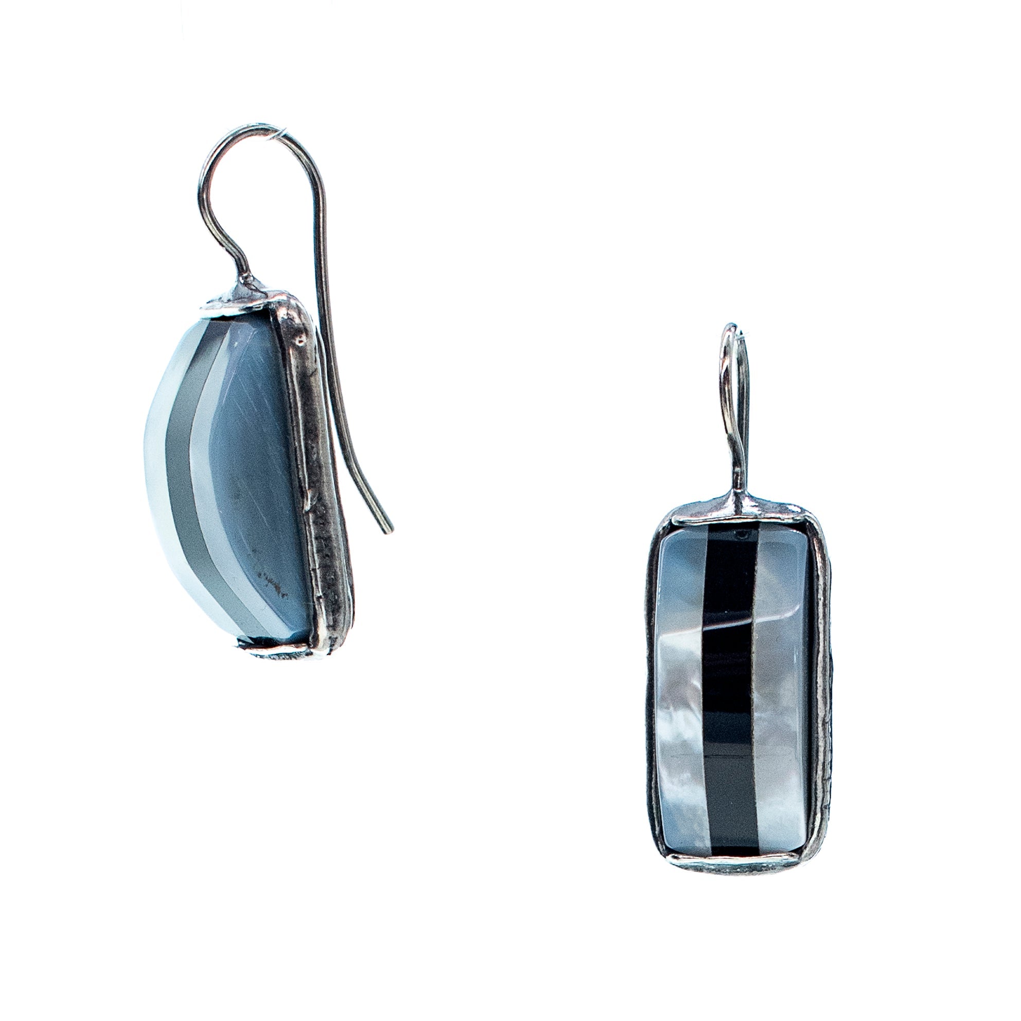 Black And White Striped Inlay Earrings – Sterling Silver – Gem Kingdom