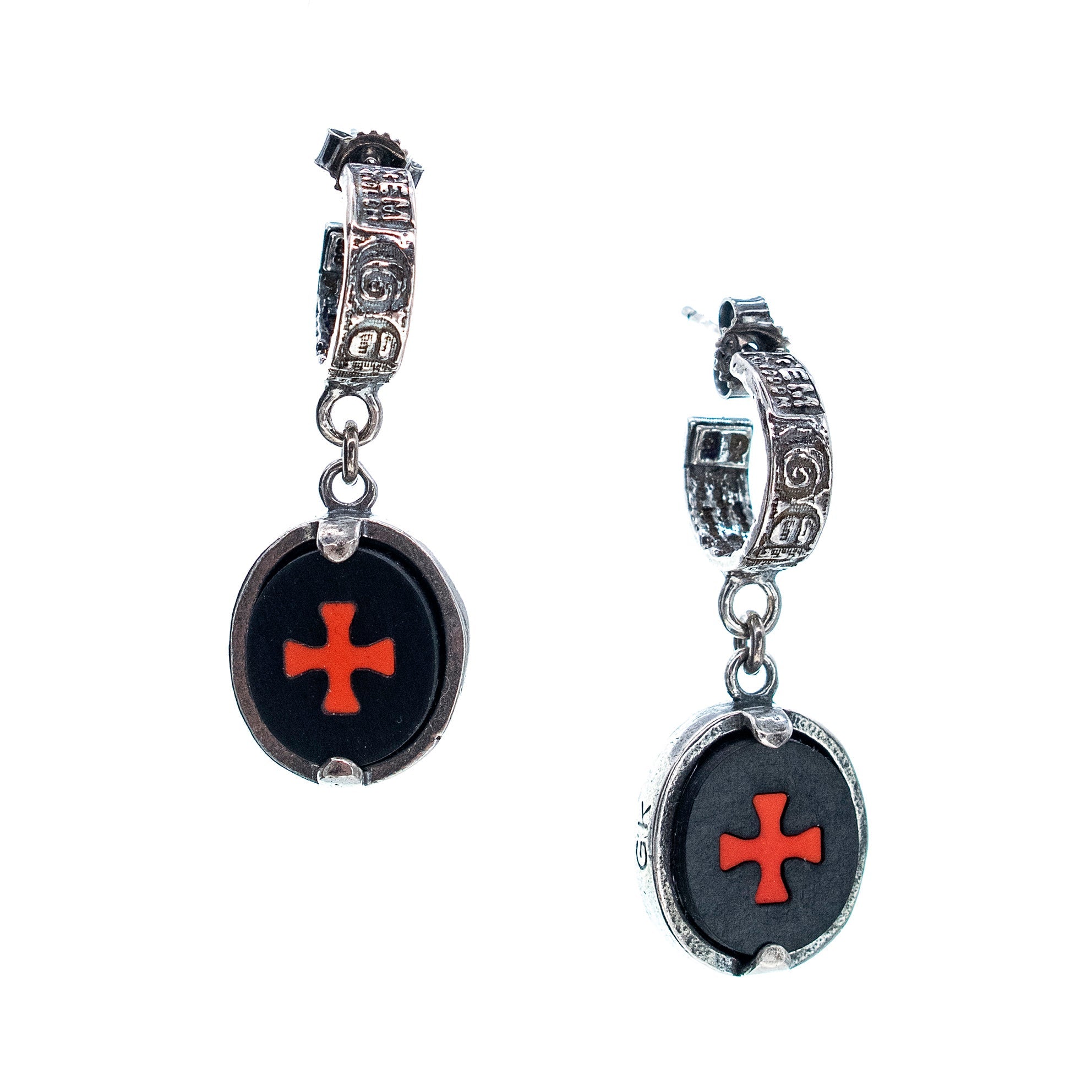 Rebel Rebel Black & Coral Inlay Cross Drop Earrings – Sterling Silver – Gem Kingdom