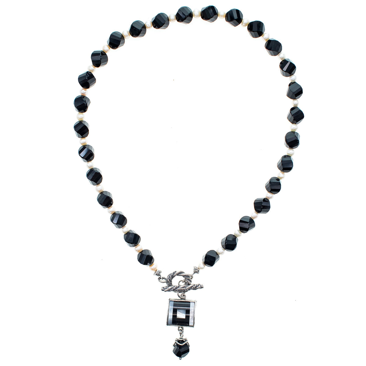 Zwart-Witte Vierkante Inleg Ketting – Sterling Zilver – Gem Kingdom
