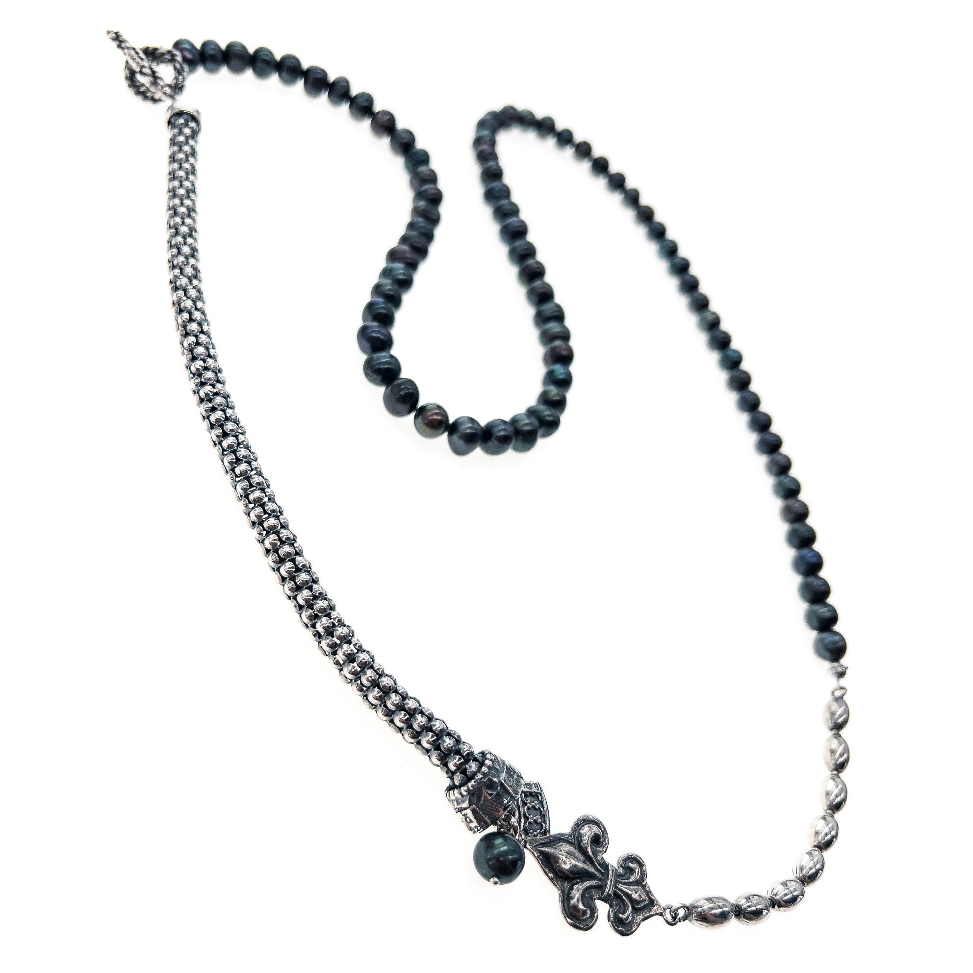 Fleur De Lis Black Pearl Necklace – Sterling Silver – Gem Kingdom