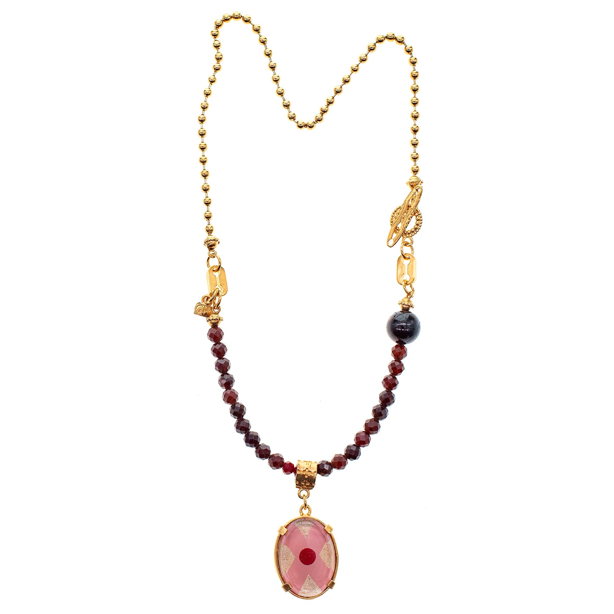 Pink Intaglio Garnet Bead Necklace – Gold Plated – Gem Kingdom